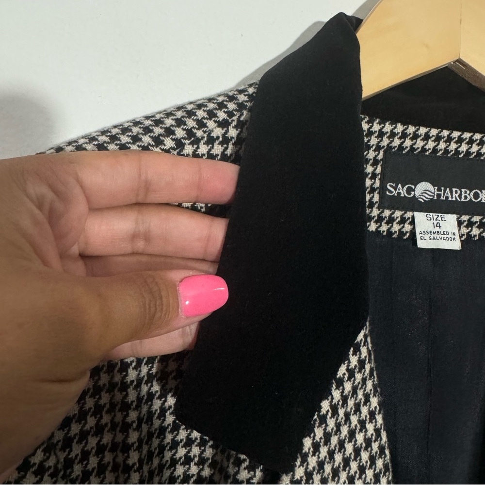 Sag Harbor Wool Blend Houndstooth Print Blazer Velvet Collar Black/White Size 14 - Picture 6 of 10